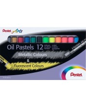 Маслени пастели Pentel Arts - 12 цвята металик и флуоресцентни
